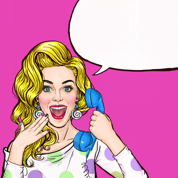 Surprised young sexy woman shouting/yelling on retro telephone.Advertising poster.Comic woman.Gossip girl, red cheeks, curls, sexy girl, shout, hipster, hey, wow,announcing, yes. Pop Art girl.Call me. - Photo, Image