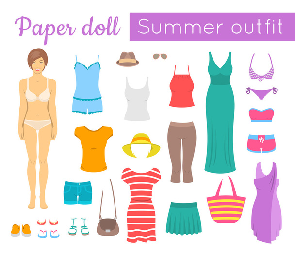 Paper doll girl with summer clothes game - Vector, Image