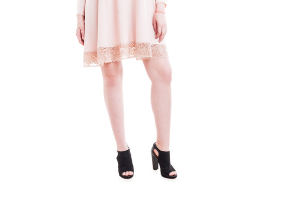 Picture of woman legs in summer heels and trendy dress  - Fotó, kép