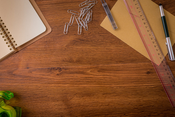 Background wood table with stationery - Foto, Imagem