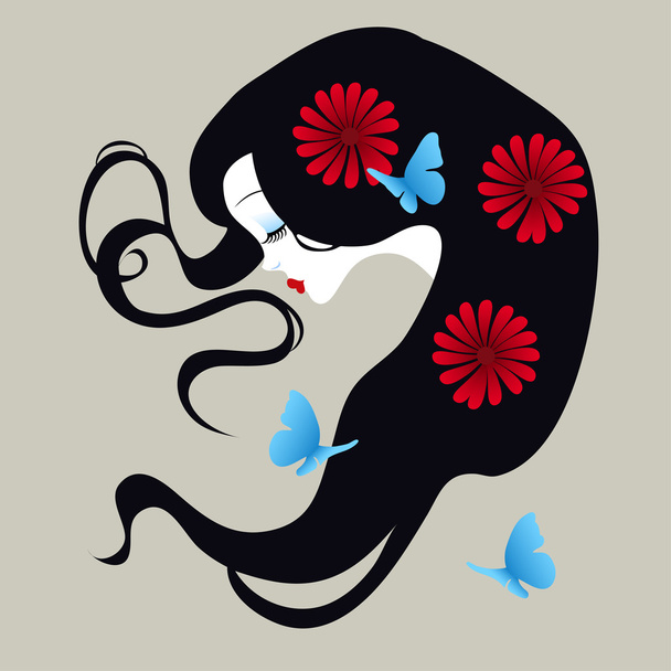 beautiful silhouette of a girl with flowers in her hair - Vektor, Bild