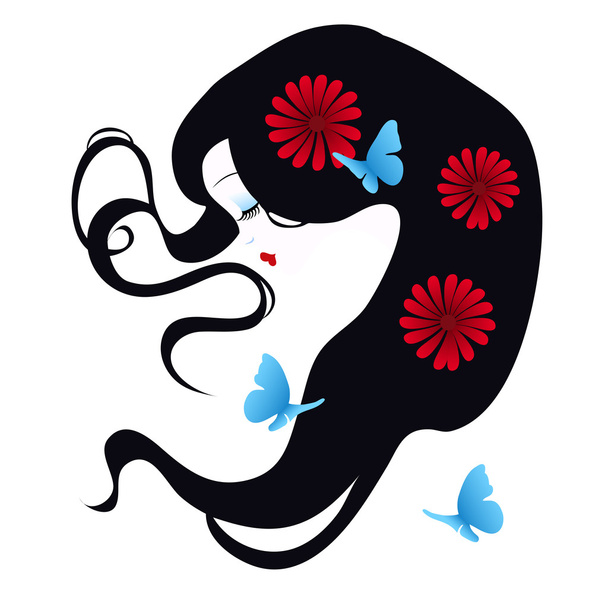 beautiful silhouette of a girl with flowers in her hair - Vector, Imagen