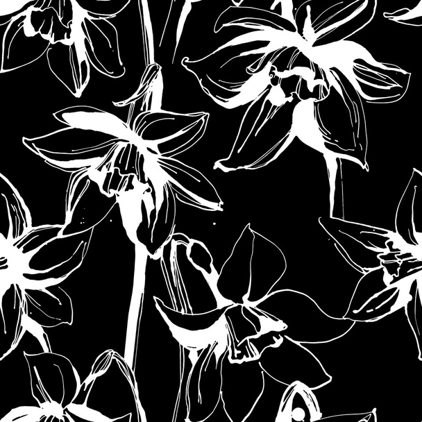 Floral flower narcissus seamless hand drawn pattern. Black and w - ベクター画像
