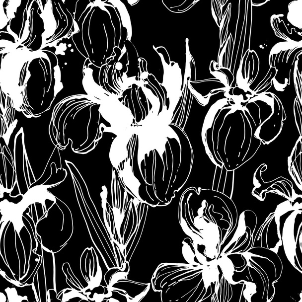 Floral flower iris  seamless hand drawn pattern. Black and white - Vector, Image
