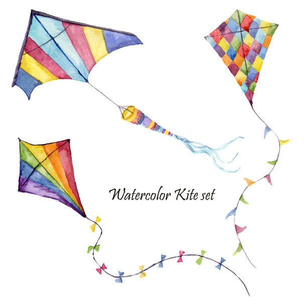 Watercolor checkerboard and striped kites air set. Hand drawn vintage kite with retro design. Illustrations isolated on white background - Photo, Image