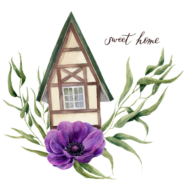 Sweet home watercolor illustration. Watercolor house in Alpine style with eucalyptus leaves and anemone flowers isolated on white background. Hand painted element. For design, textile and background. - Фото, изображение