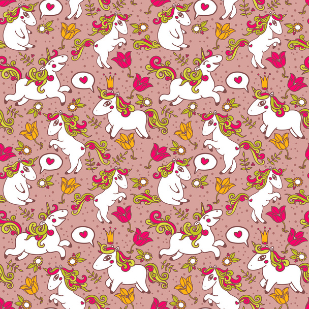 Cute seamless texture with lovely unicorns and flowers - Vector, Imagen
