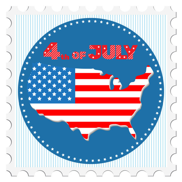 4th of July. Greeting card in the form of a postage stamp. Holiday Independence Day July 4th. Map of America in colors of the national flag. With bright red inscription 4th of July. Simple, minimal design. Vector illustration - ベクター画像