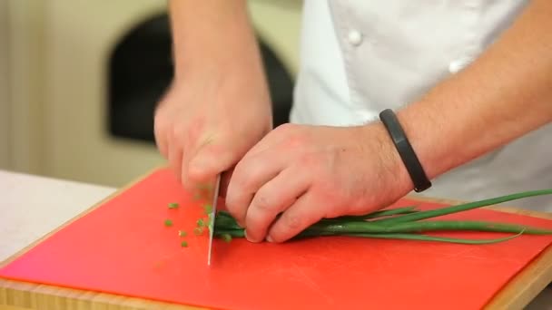 Picar cebollas verdes en una tabla
 - Metraje, vídeo