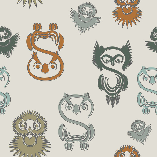 Seamless pattern with various owls on a neutral background. - Vector, Imagen