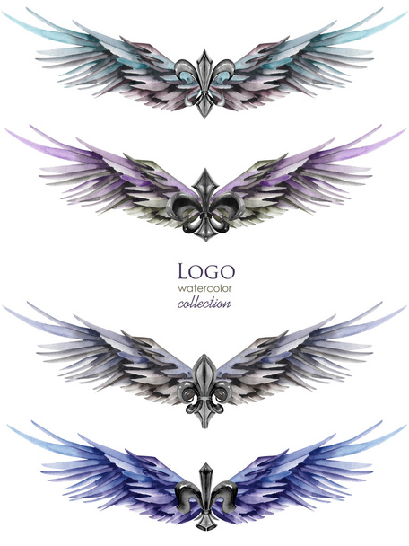 Kolekcja logo, symboli w formie skrzydła i heraldyczne lilie, ręcznie rysowane na białym tle w akwarela na białym tle - Zdjęcie, obraz