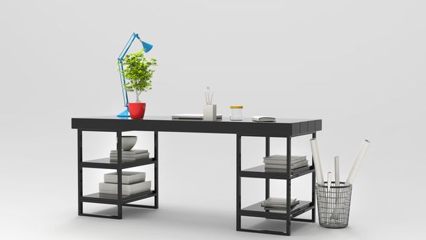 Moderna mesa de trabalho com lâmpada de mesa azul e bela planta verde
 - Foto, Imagem