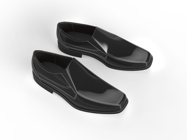Shiny black leather moccasins with white stitching - top view - Photo, Image