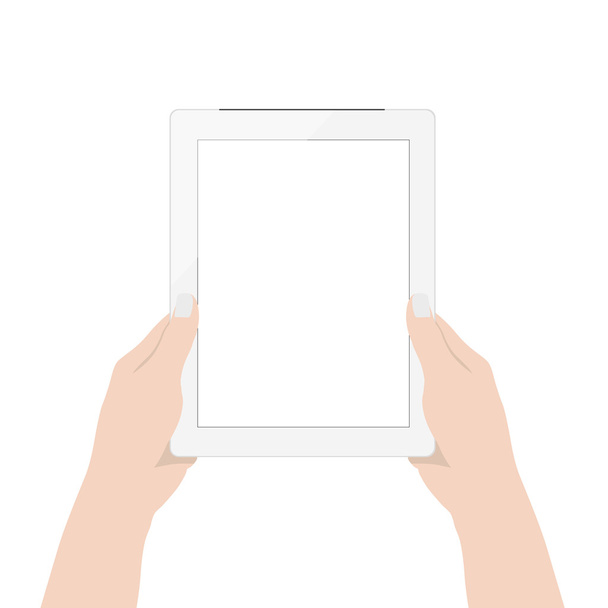 векторний дизайн, крупним планом жінка рука використовує технологію цифрових планшетів порожній дисплей екрана на білому тлі
 - Вектор, зображення
