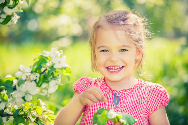 Happy little girl in apple tree garden - Photo, image