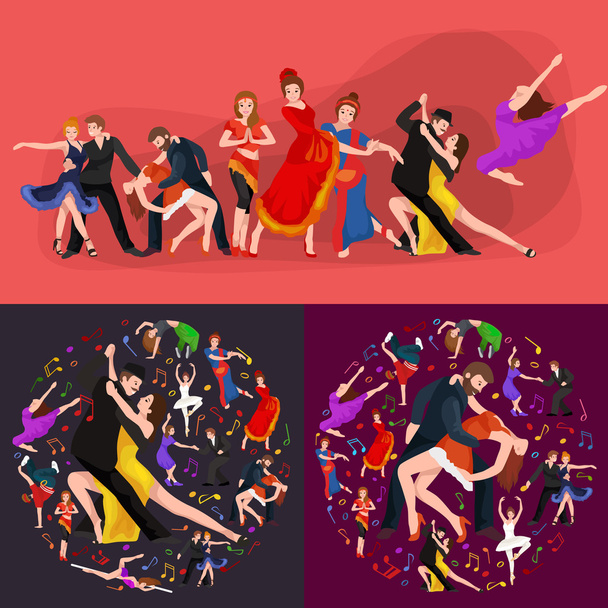Bailarines, Bailarín Bachata, Hiphop, Salsa, India, Ballet, Strip, Rock and Roll, Break, Flamenco, Tango, Contemporáneo, Danza del Vientre Pictograma Icono. Set de concepto de estilo de baile de diseño
 - Vector, Imagen