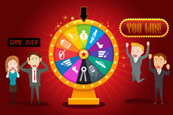 Businesspeople with Financial Wheel of Fortune - Vector, Image