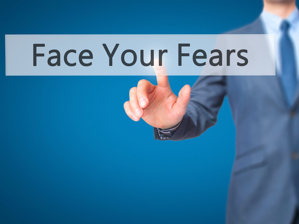 Tvář strachu - podnikatel ruky stisknutí tlačítka na dotykové obrazovce - Fotografie, Obrázek