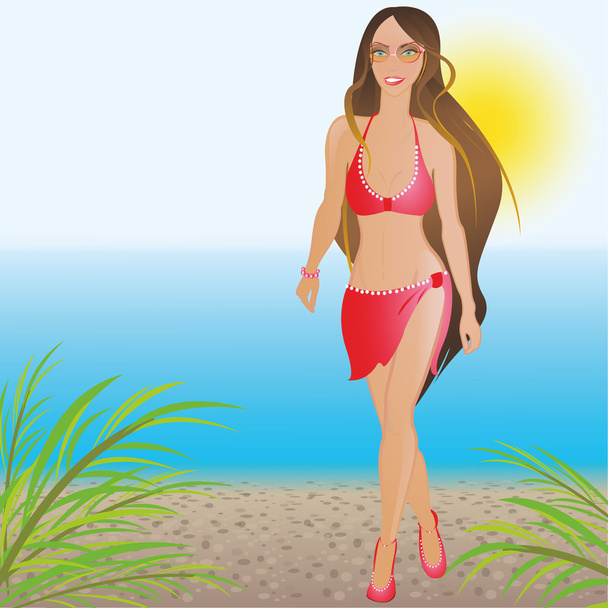 A girl in a red bathing suit on the beach - Vector, Image