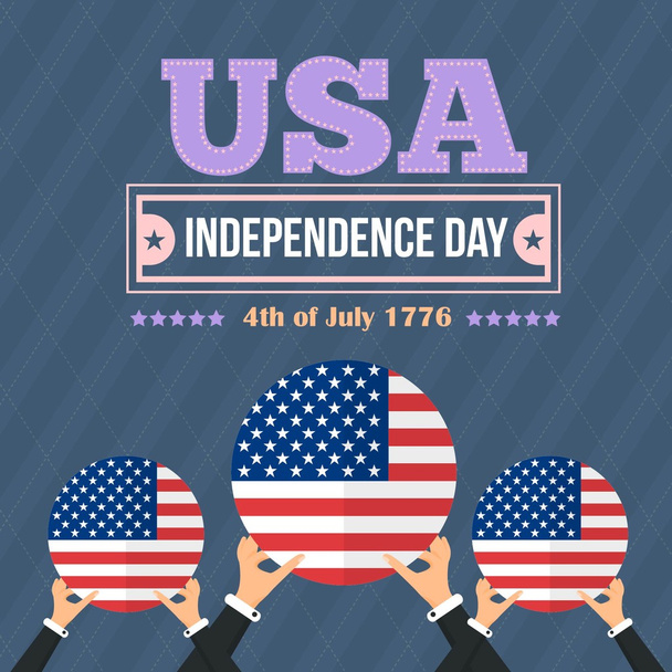 アメリカ合衆国 7 月ハッピー独立記念日お知らせお祝いメッセージ ポスターの第 4 回。フラグ保持手、フライヤー、カード、背景ベクトル デザイン - ベクター画像