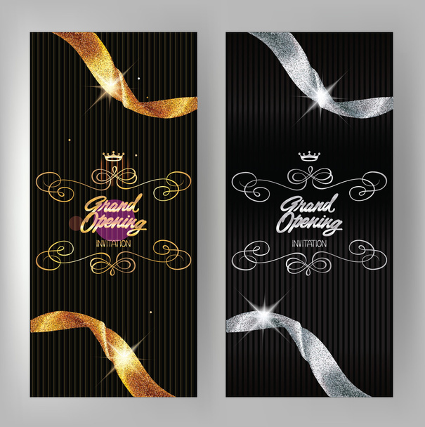 Grand opening banners with gold and silver sparkling ribbons. Vector illustration - Vektör, Görsel