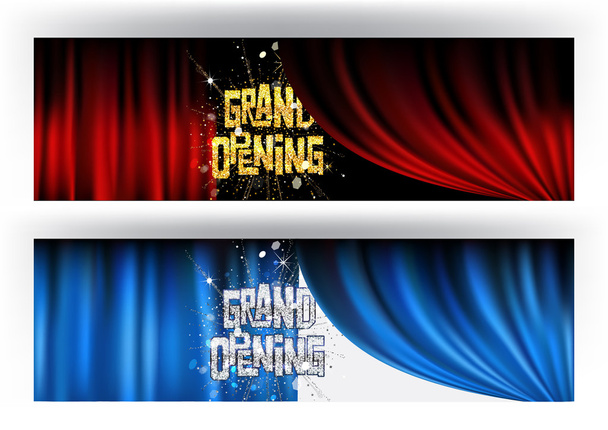 GRAND OPENING BANNERS WITH THEATER CURTAINS AND FIREWORKS - Vector, Image