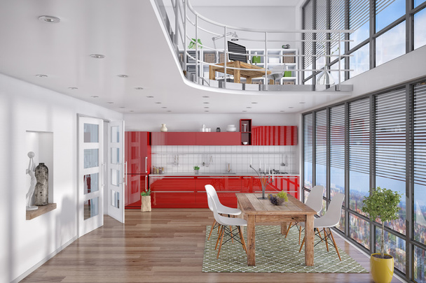 3d - loft moderno com galeria, sala de jantar, cozinha
 - Foto, Imagem