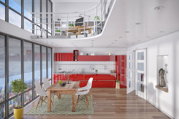 3d - loft moderno con galería, comedor, cocina
 - Foto, Imagen