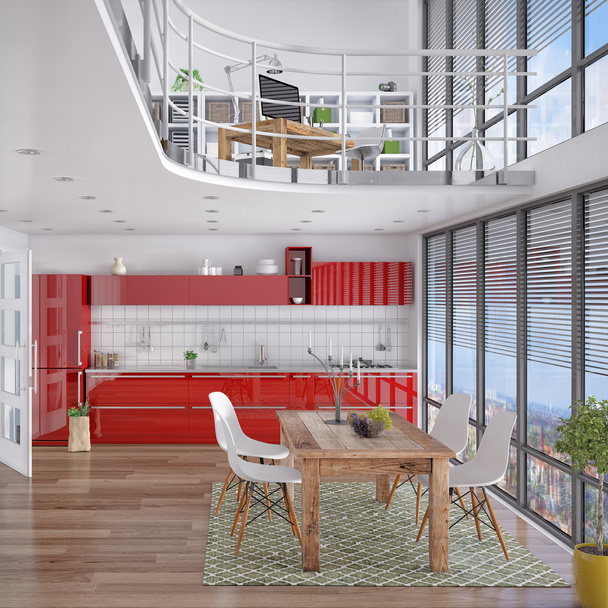 3d - modernes Loft mit Galerie, Essbereich, Küche - Foto, Bild