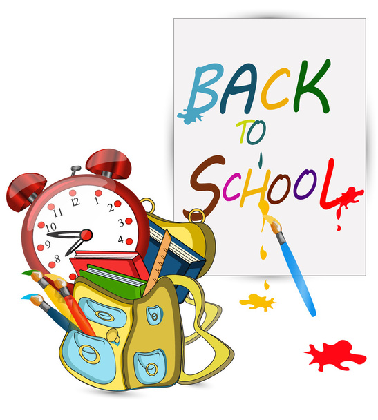 back to school banner, sign, Big red alarm clock,Schoolbag with  - Vector, Image