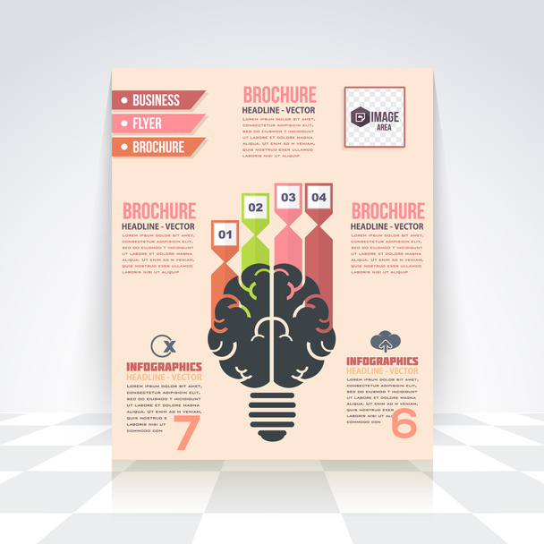 Płaski styl mózgu i kreatywnych think Business infografiki szablon, ulotka, numerowany banner, Icon elementy, Corporate Broszura Design - Wektor, obraz
