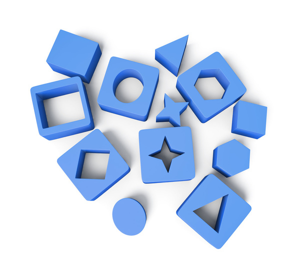 Cubos azuis com formas geométricas isoladas sobre fundo branco. 3.
 - Foto, Imagem