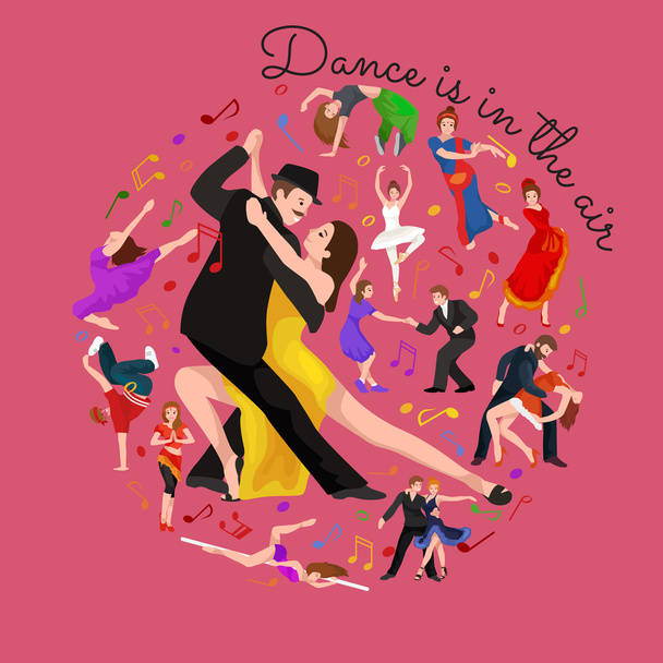 Group of dancing people, yong happy man and woman dance together and in a couple, girl sport dancer, happy boy, dance background vector illustration pictogram isolated - Vector, Image
