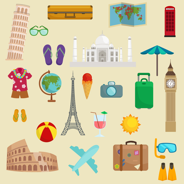Travel tourism icons vector illustration, vacation traveling on airplane, planning a summer vacation, tourism and journey objects and passenger luggage isolated, case for baggage - Vetor, Imagem