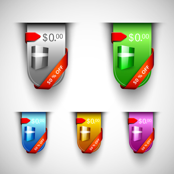 Discount icon set with product display and ribbon, can be use as label, tag, bookmark or sticker. EPS 10. - Vektör, Görsel