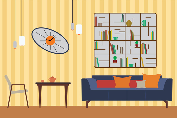 Set di mobili. Flat Vector Illustrazione per voi Interior Design. Elevazione con divano, tavolo, sedia, scaffali e orologi
 - Vettoriali, immagini