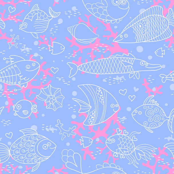 Background of underwater world. Seamless pattern with cute fish, shells, corals. - Vektor, kép