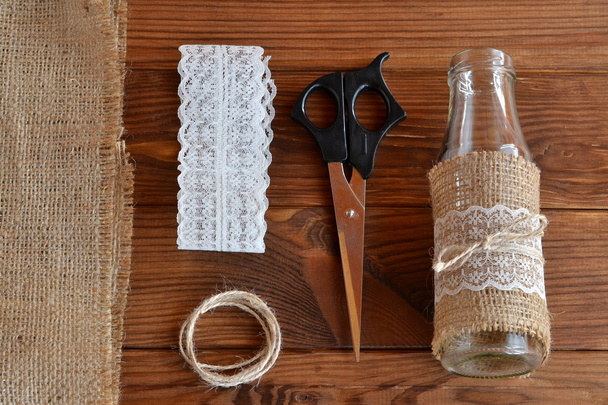 Handmade vase, scissors, burlap, cord, lace. Set for handmade vase. Top view - Photo, Image