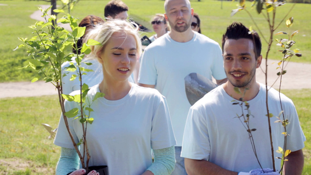 skupina dobrovolníků se sazenicemi stromů v parku - Záběry, video