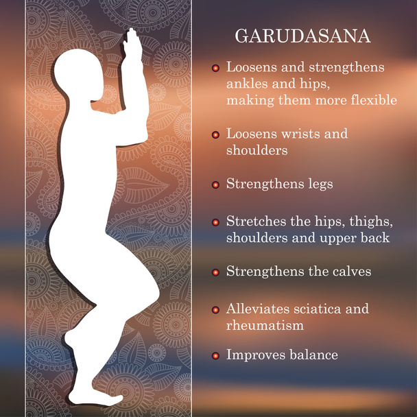 Yoga pose infographics, voordelen van praktijk - Vector, afbeelding