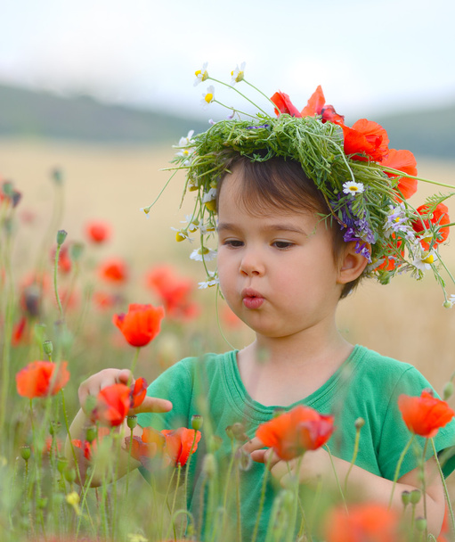 Счастливая милая девочка на маковом поле. Счастливые дети. Здоровый образ жизни
 - Фото, изображение