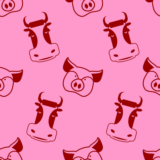 Cow and pig seamless pattern. head of boar and bull ornament. Po - Vettoriali, immagini