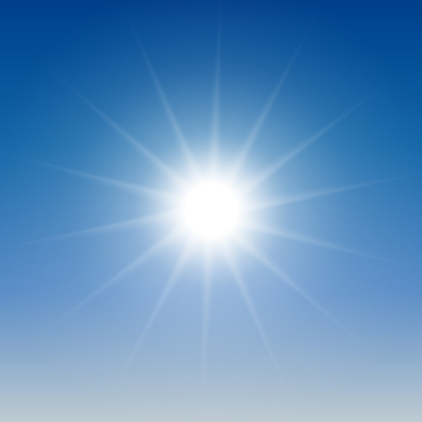 White glowing light burst sun on blue sky background - Vector, Image
