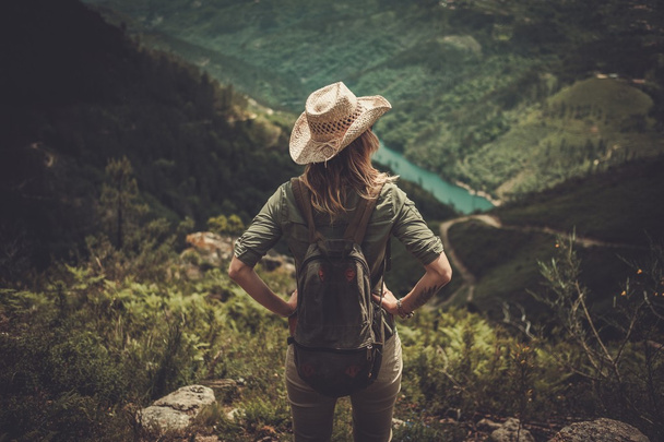 Kobieta turysta z plecaka korzystających niesamowite krajobrazy doliny na szczycie góry. - Zdjęcie, obraz