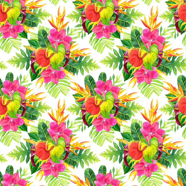 Seamless background with watercolor tropical flowers. - Foto, Bild