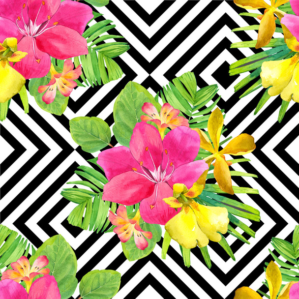 Seamless background with watercolor tropical flowers. - Zdjęcie, obraz