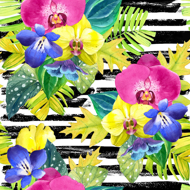 Seamless background with watercolor tropical flowers. - Fotografie, Obrázek