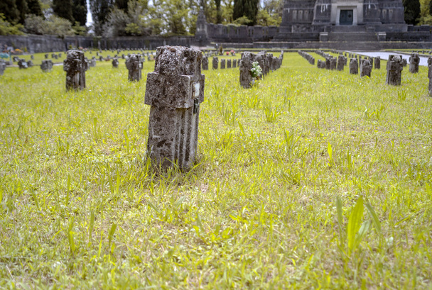 Worker village of Crespi dAdda: the graveyard tombs detail. Color image - Photo, Image