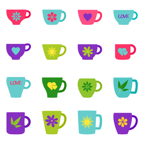 Set of bright cups and mugs, vector illustration - Vector, Image