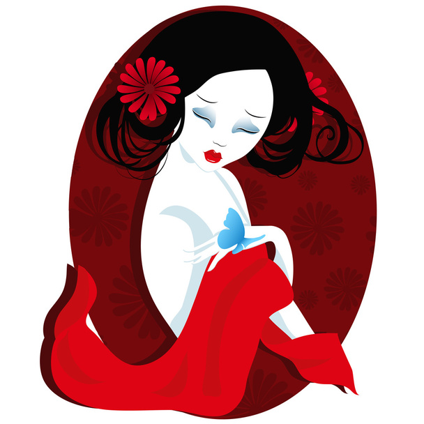 illustration of a beautiful geisha in red dress. very gentle and passionate. - Vektori, kuva